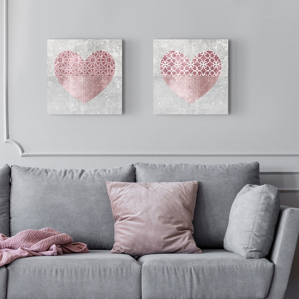 Set of Two Canvases ‘Dusky Blush Hearts’