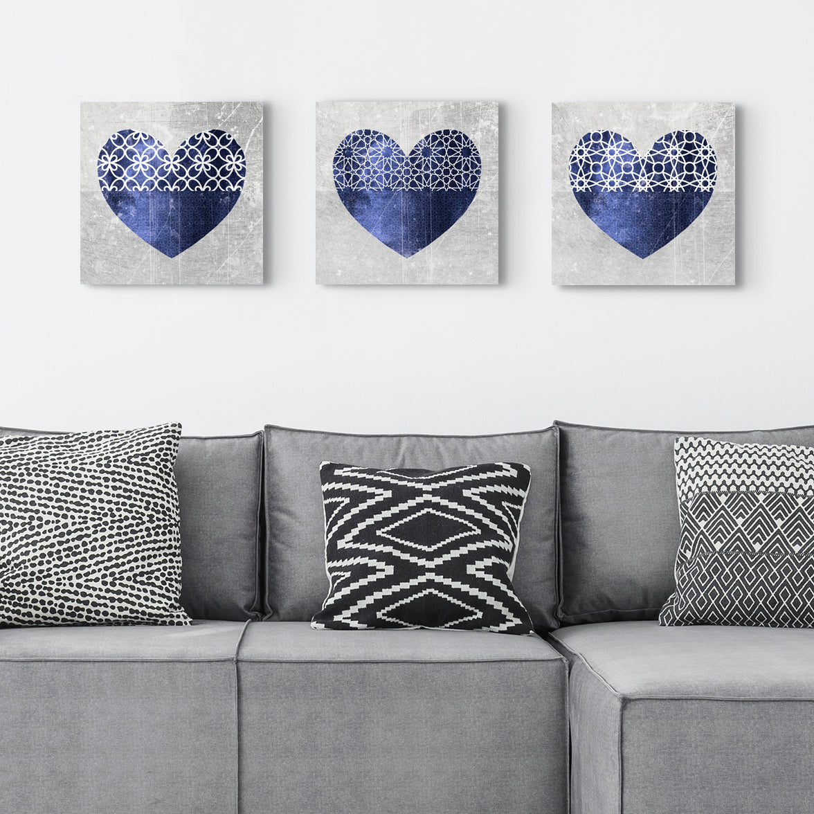 Set of Three Canvases ‘Navy Hearts’