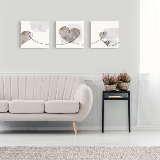 Set of Three Canvases ‘Grey Heart Trio’