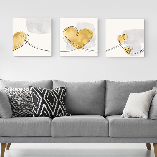 Set of Three Canvases ‘Mustard Heart Trio’